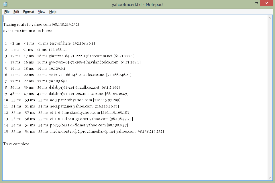 tracert yahoo.com kommandoresultat