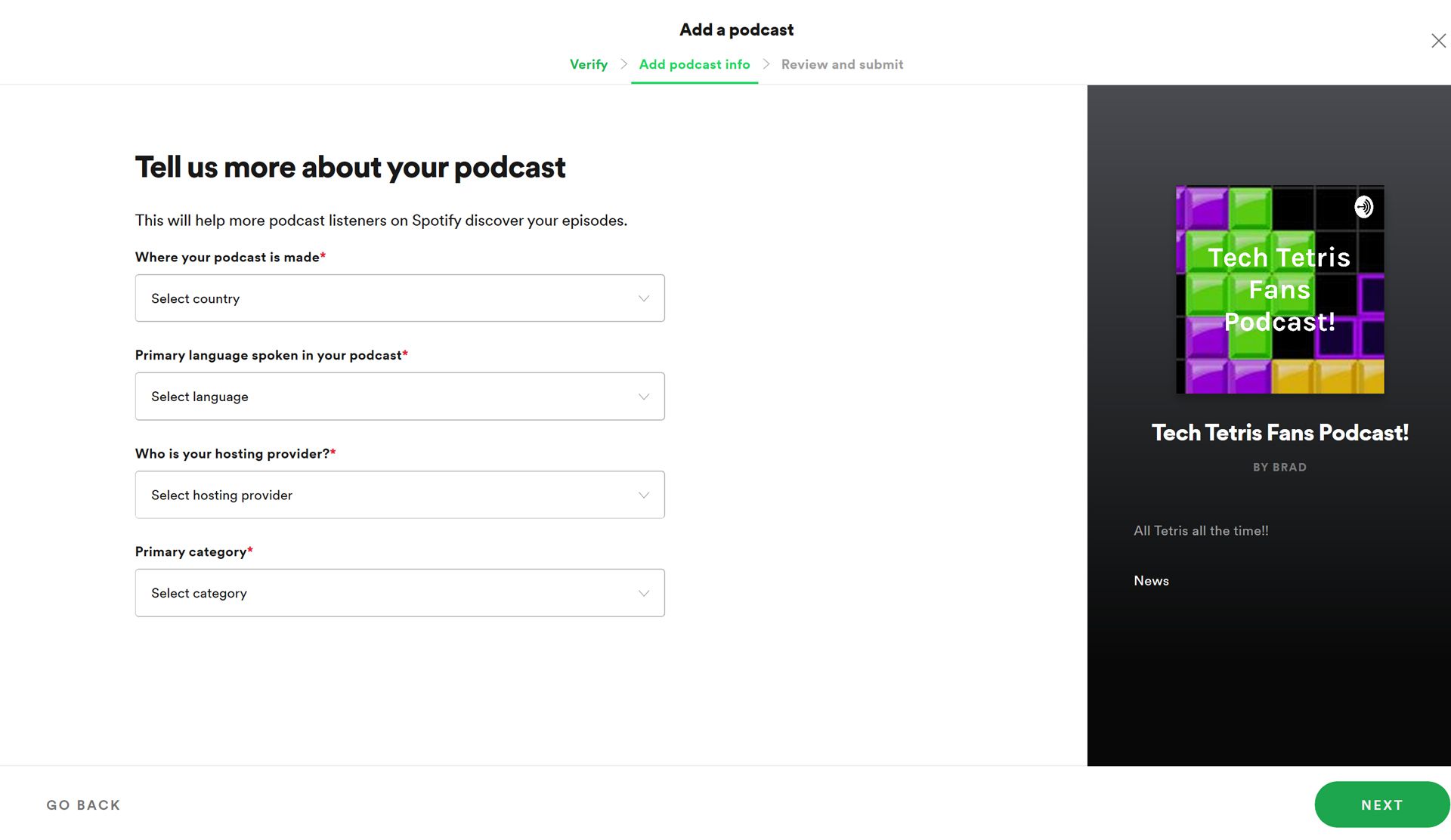 Skicka in en podcast på webbplatsen Spotify for Podcasters.