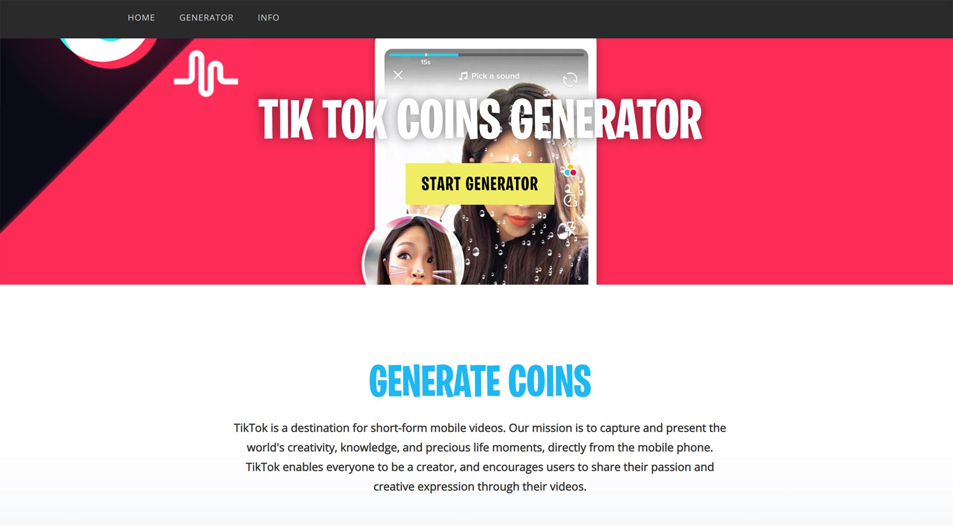 TikTokCoins.club Generator webbplats.