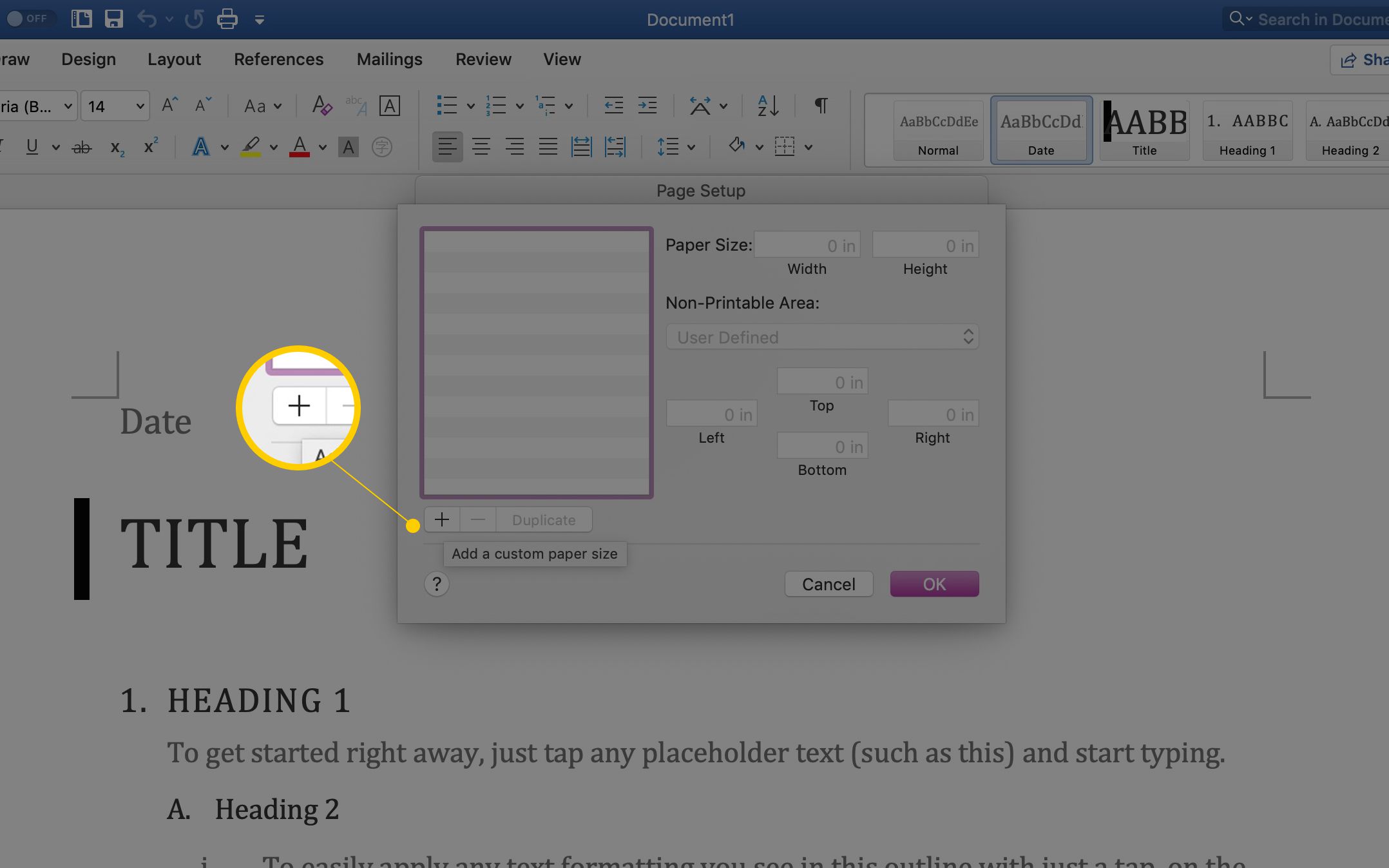 Lägg till ny anpassad storlek Plus-ikon i Word macOS Page Setup