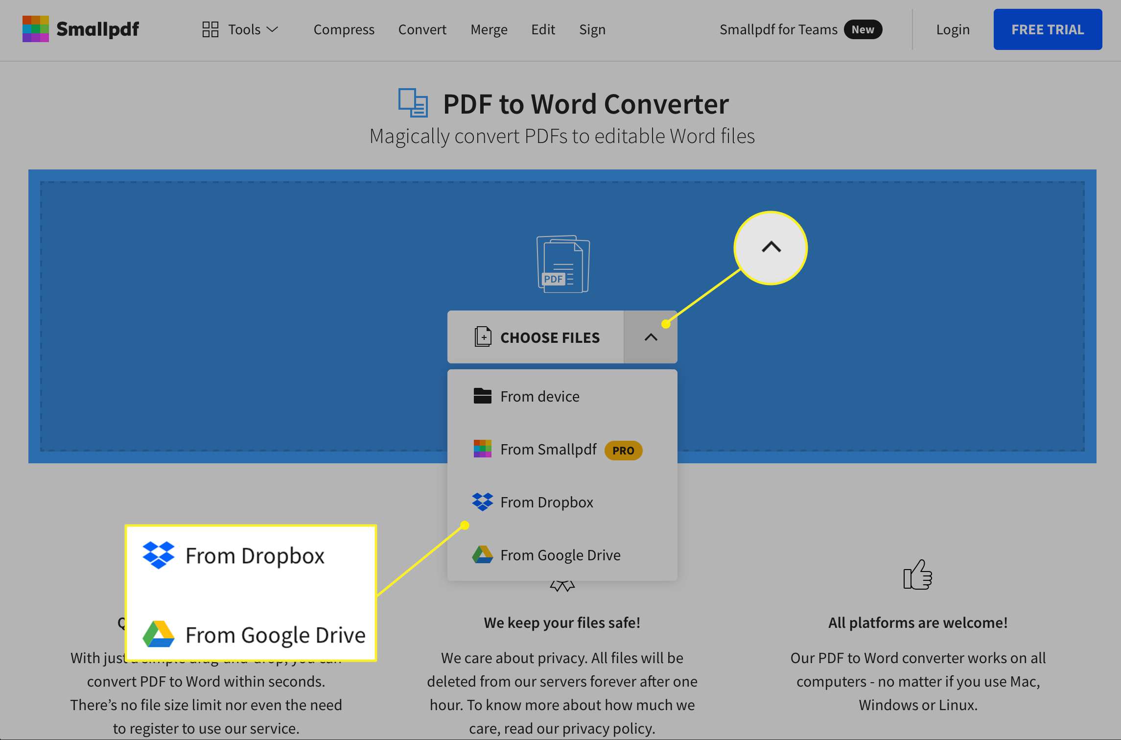 PDF-uppladdningsalternativ på Smallpdf-webbplatsen