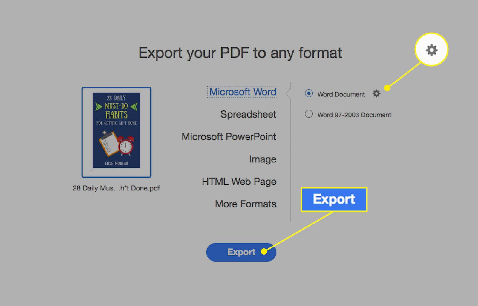 Acrobat Pro DC exporterar PDF till Word-skärmen