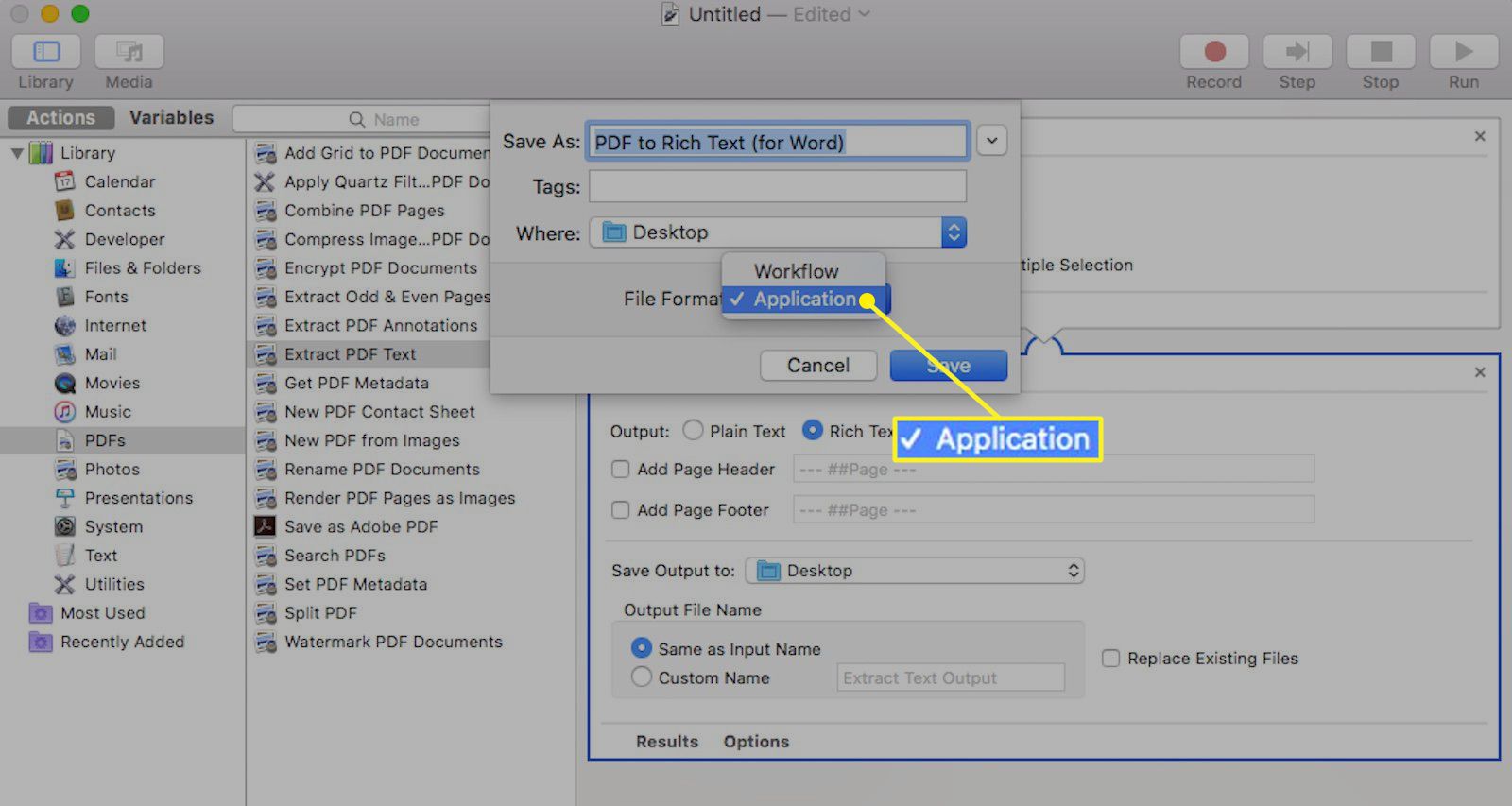 Automator-applikation för Mac med program valt som filformat