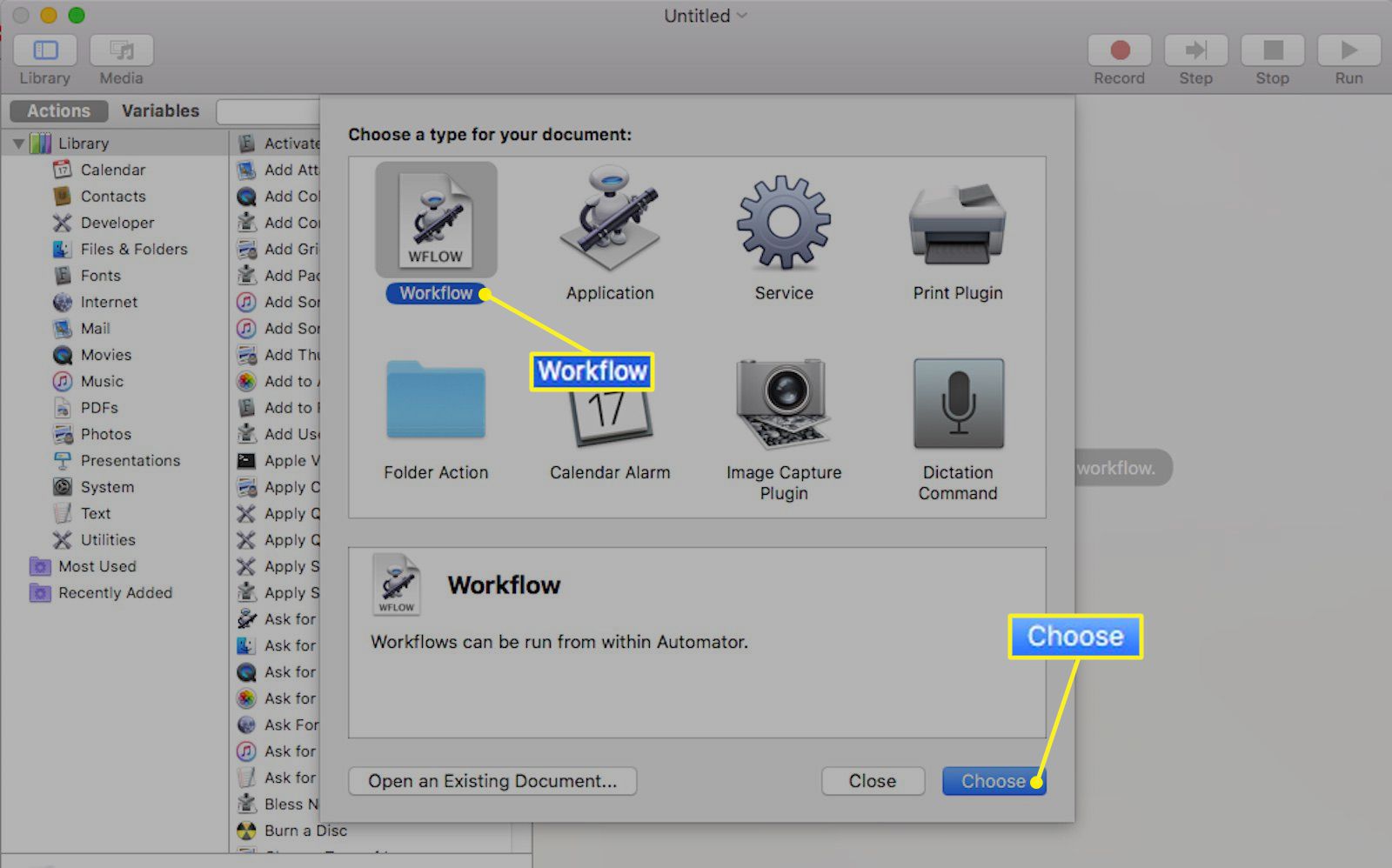 Automator-applikation för Mac med Workflow valt