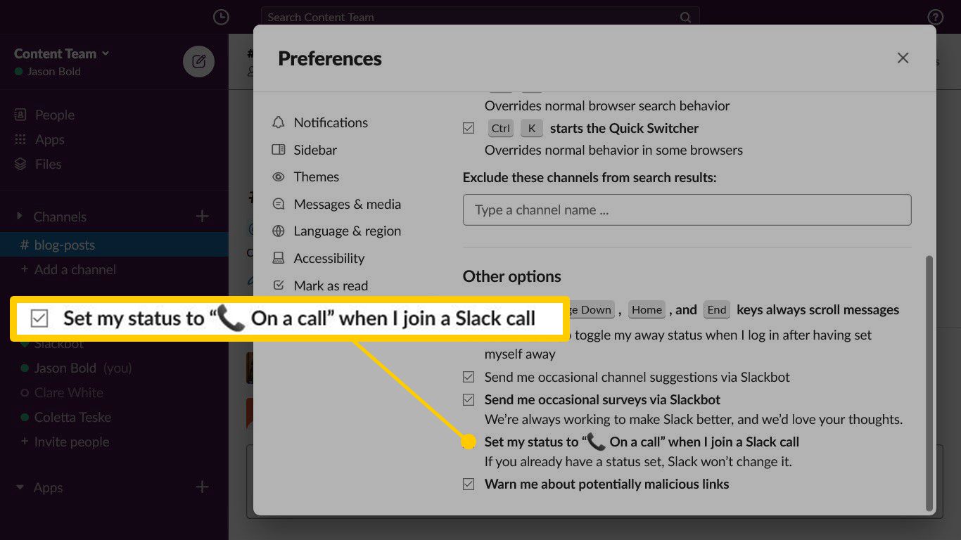 Alternativet Slack Advanced för att ställa in status vid ett samtal