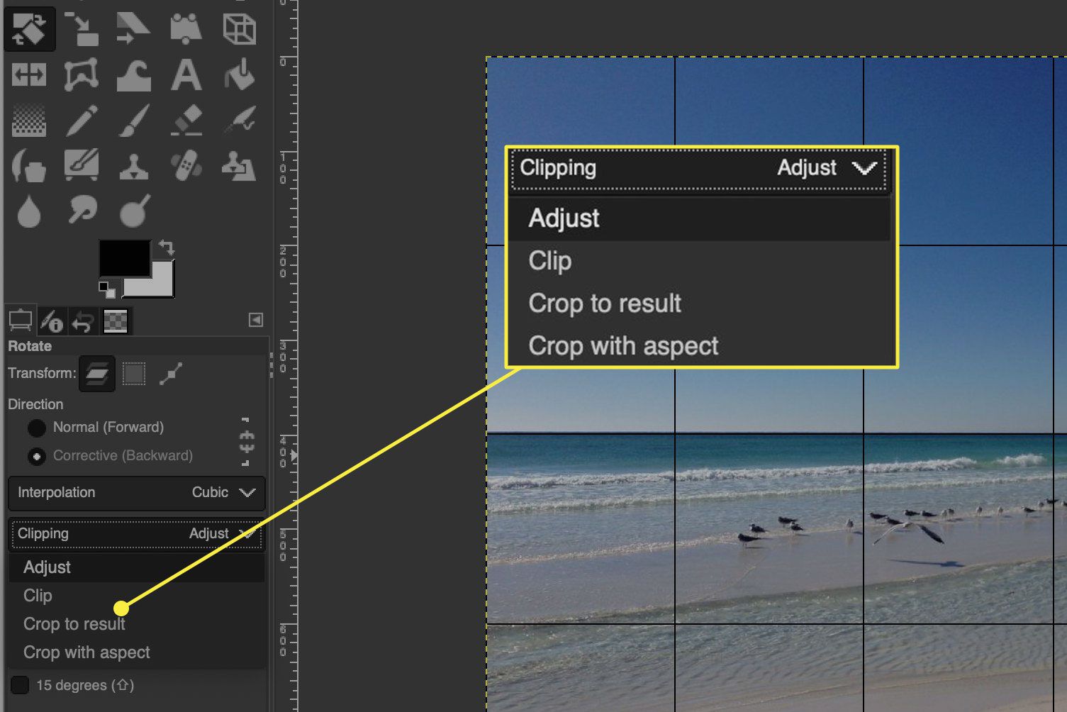 En skärmdump av GIMP med alternativen Rotate Tool Clipping markerade