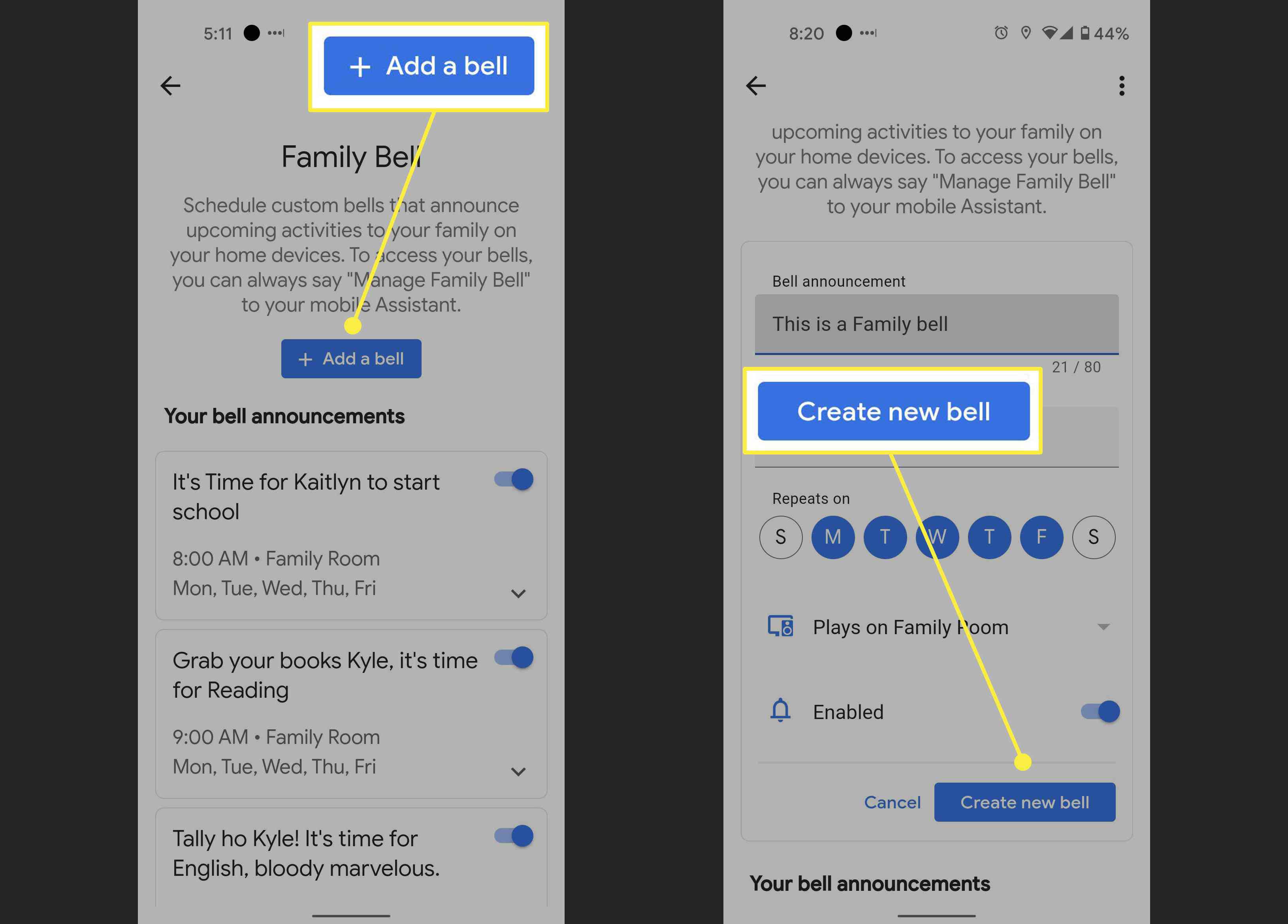 Steg för att sätta upp en etikett för en ny familjeklocka i Android.