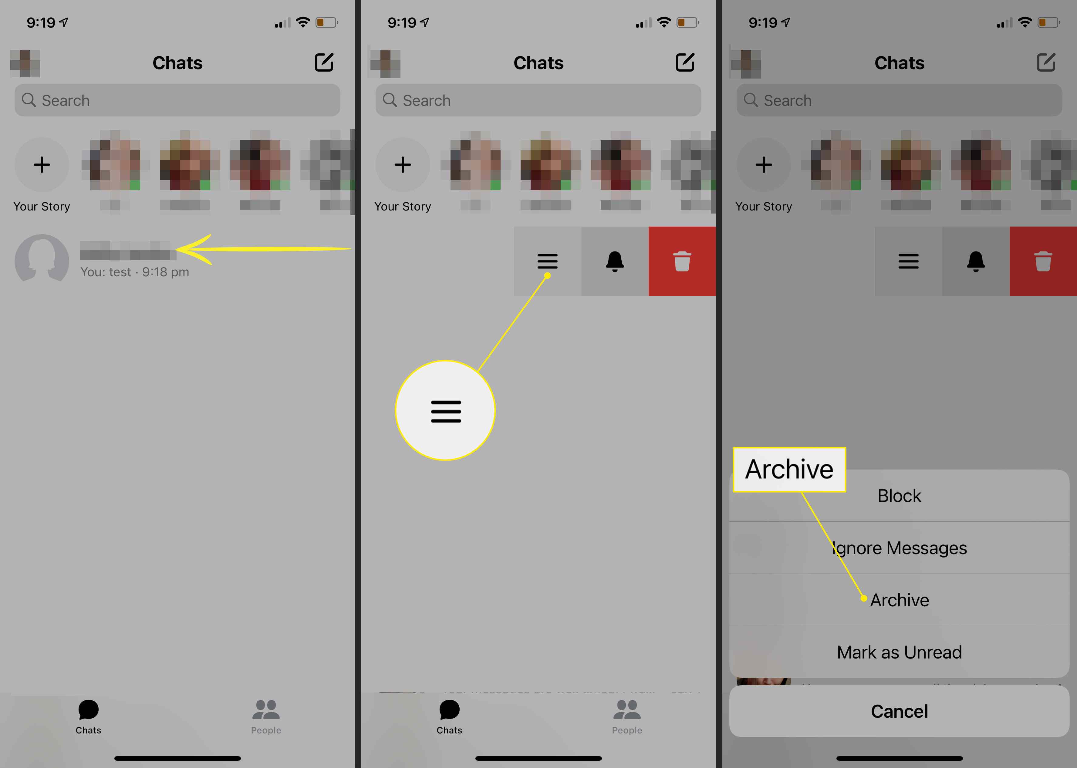 Menyn med tre rader och arkivkommandon i Messenger för iOS