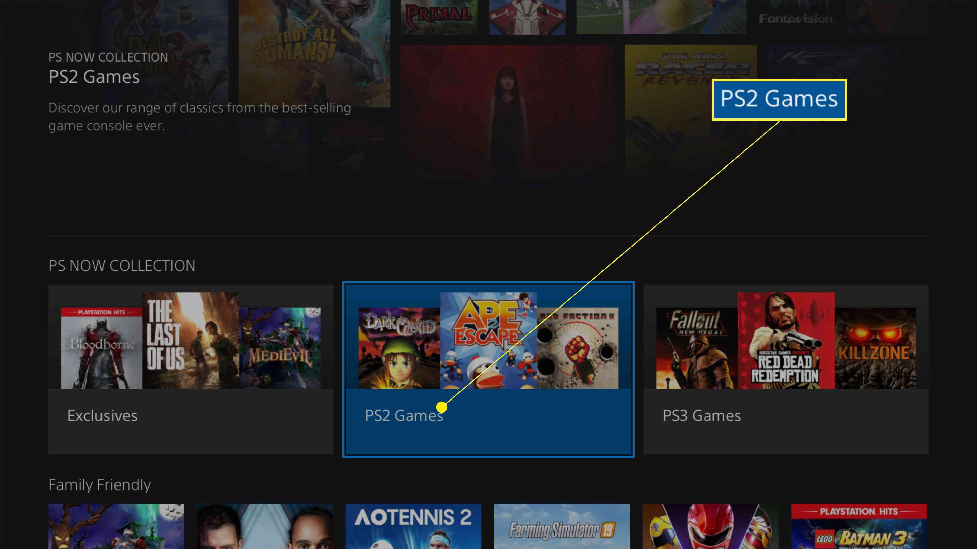 PlayStation Now-appen med PS Now Collection markerad som visar PS2-spelkategorin