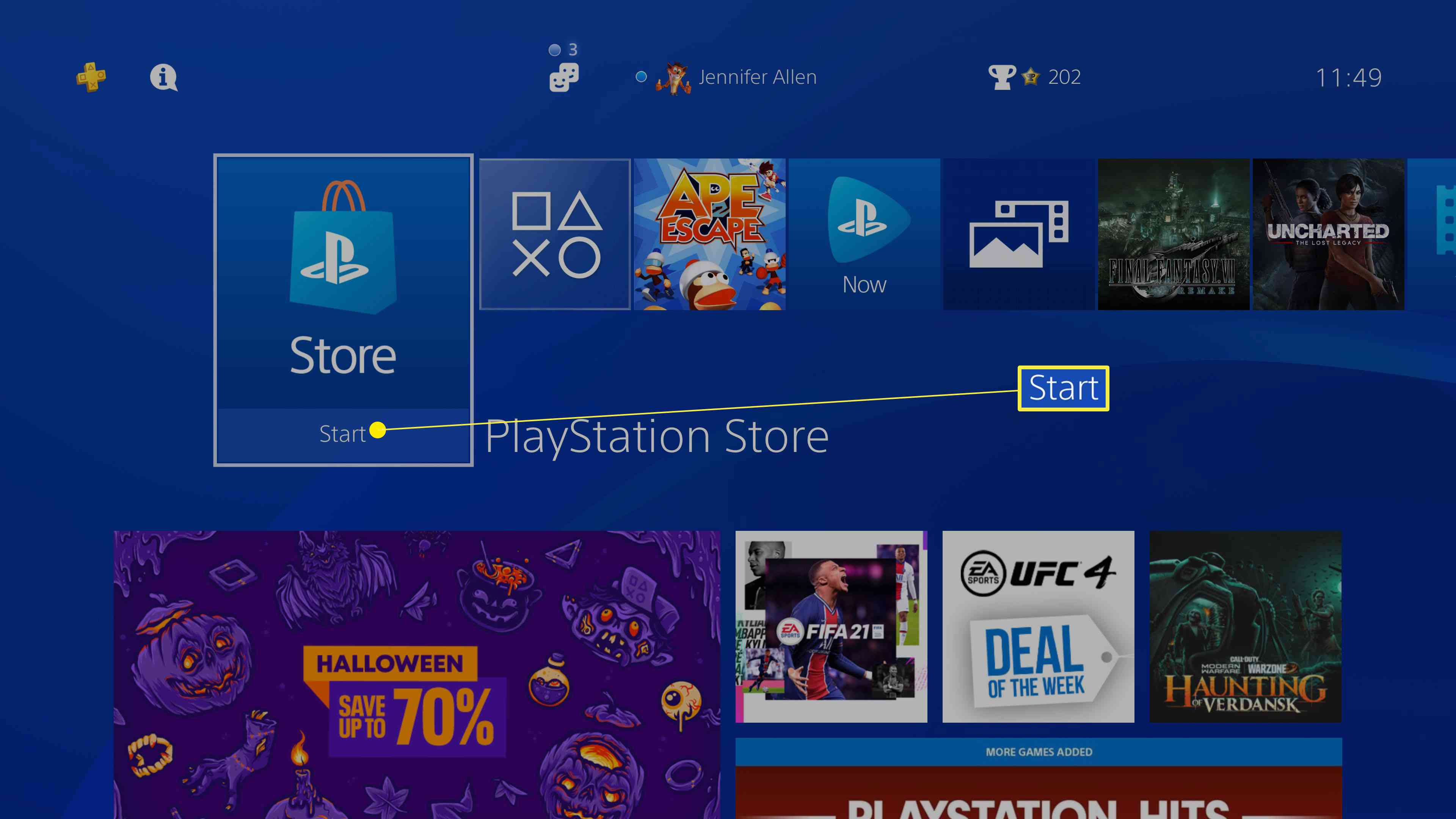 Playstation 4 skrivbordsskärm med PlayStation Store-appen markerad