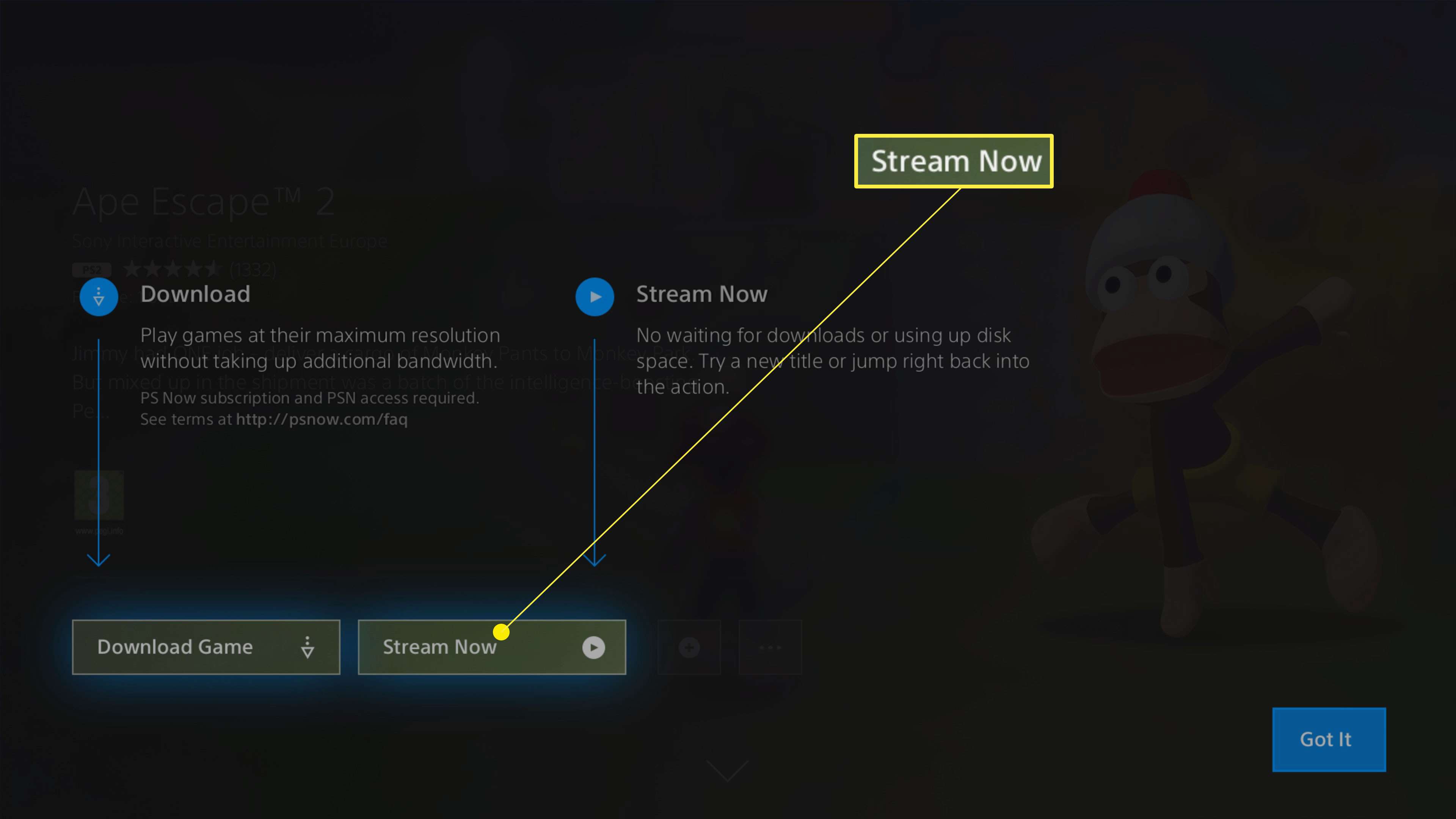 PlayStation Now-appen med Stream nu markerad