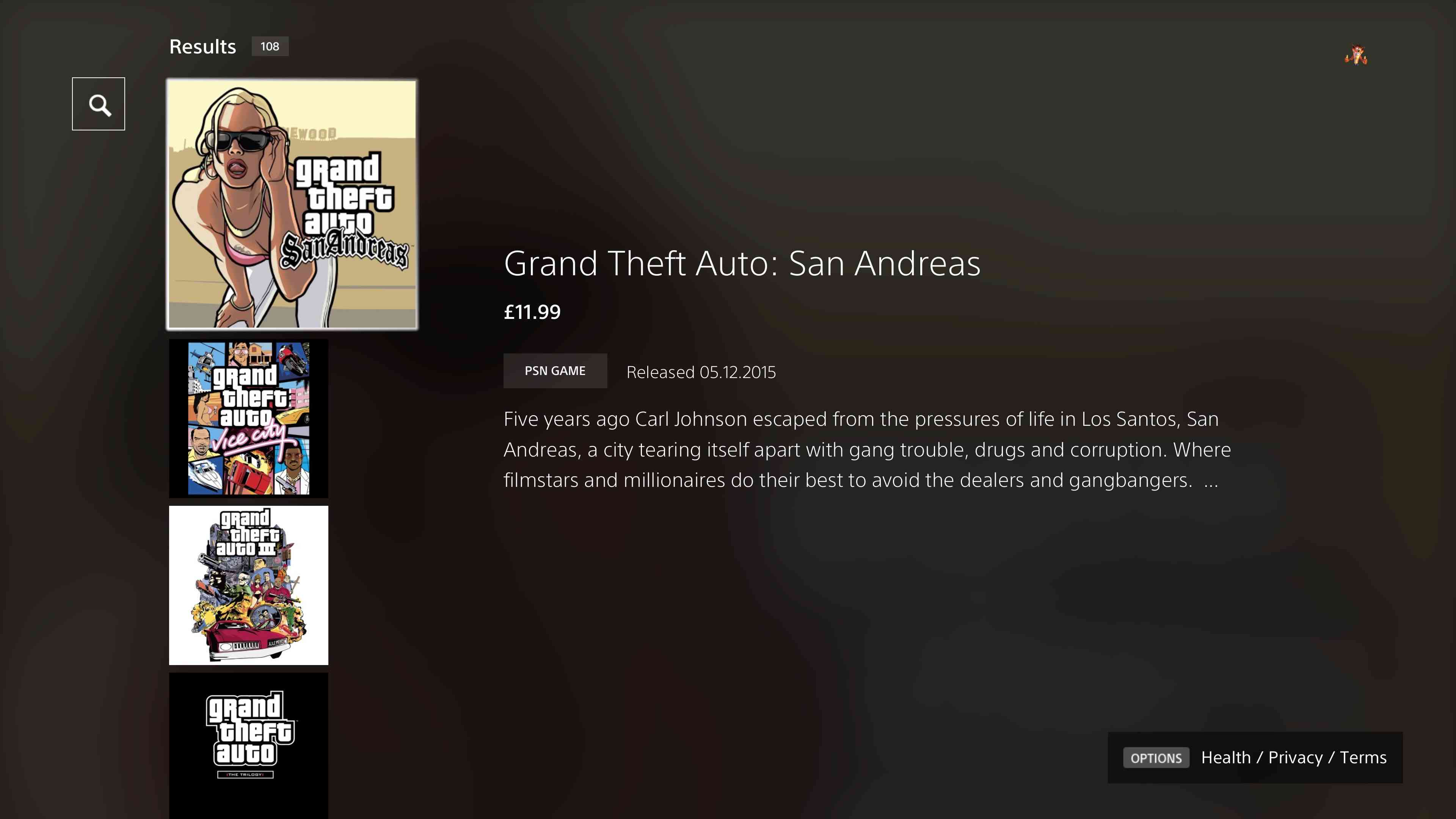 PlayStation Store visar sökresultat för Grand Theft Auto