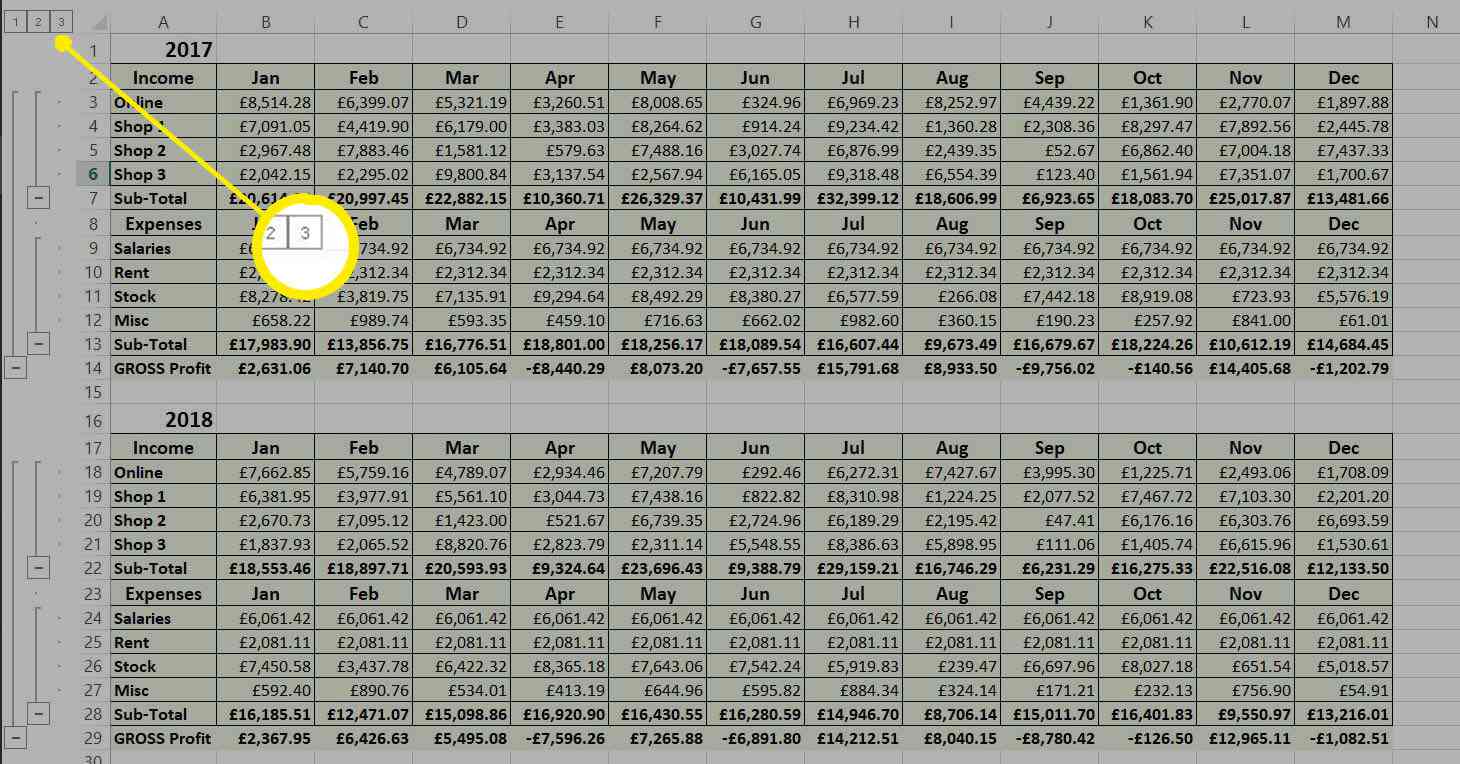 Alla grupper expanderade i Excel