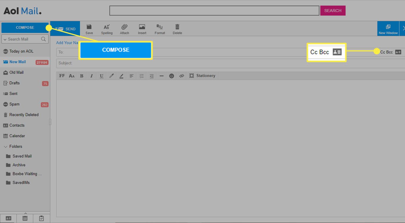 AOL Mail - Välj "Skriv" och "Cc Bcc" för att lägga till Bcc-rad.