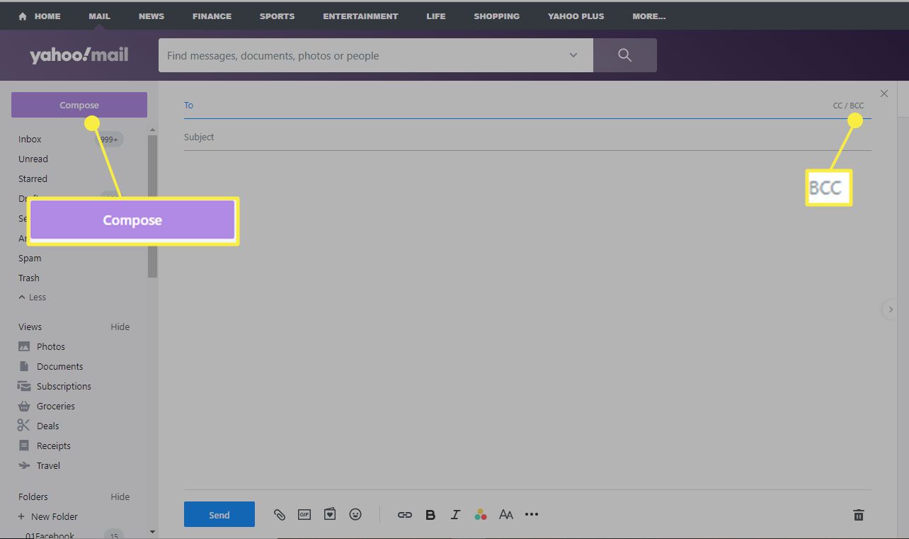 Yahoo mail - Välj "Skriv" och "BCC" för att lägga till BCC-fält.