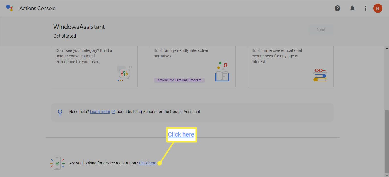 Klicka här bredvid Letar du efter enhetsregistrering i Google Actions Console
