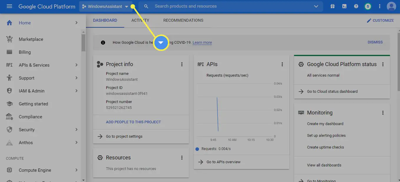 Välj en nedrullningspil för projekt i Google Cloud Console