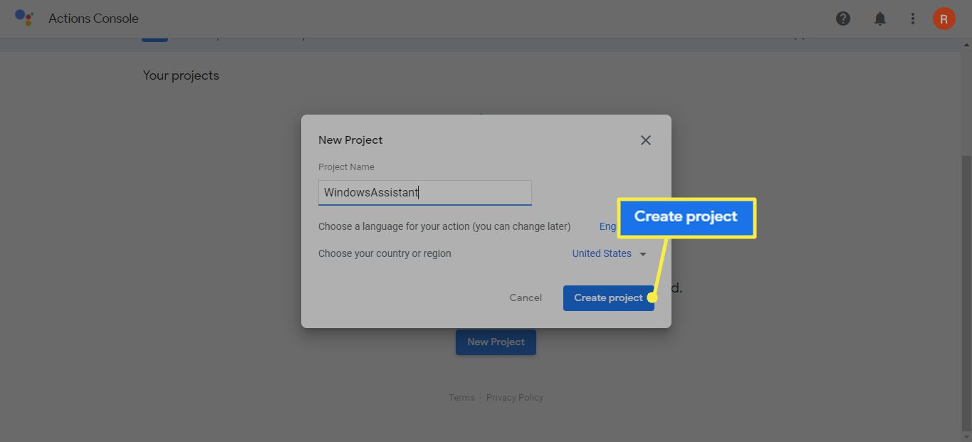  Skapa projekt i Google Actions Console