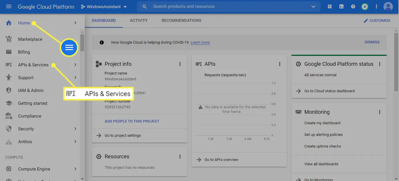 Menyikon och API: er och tjänster i Google Cloud Platform