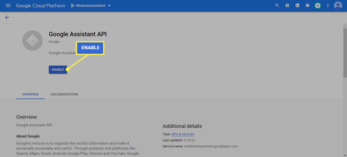 Aktivera Google Assistant API i Google Cloud Platform