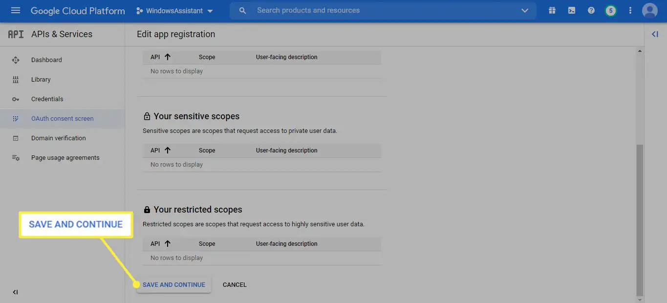 Spara och fortsätt på sidan Google Cloud Platform Scopes
