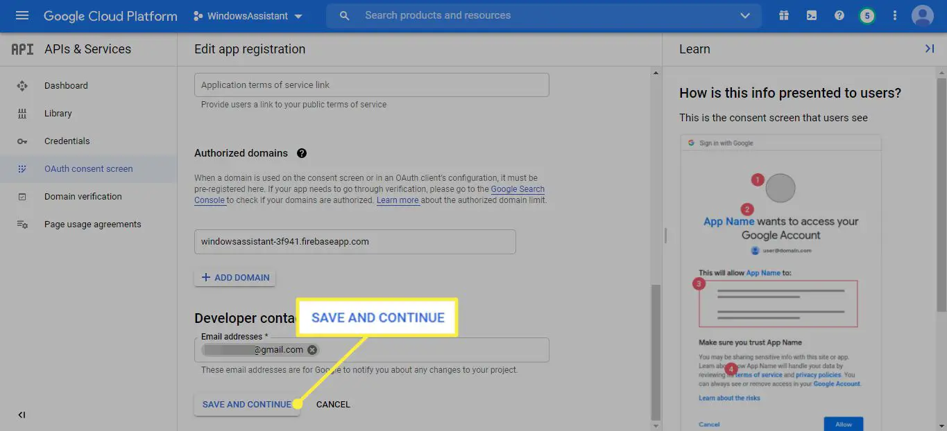  Spara och fortsätt under utvecklarens kontaktinformation på Google Cloud Platform