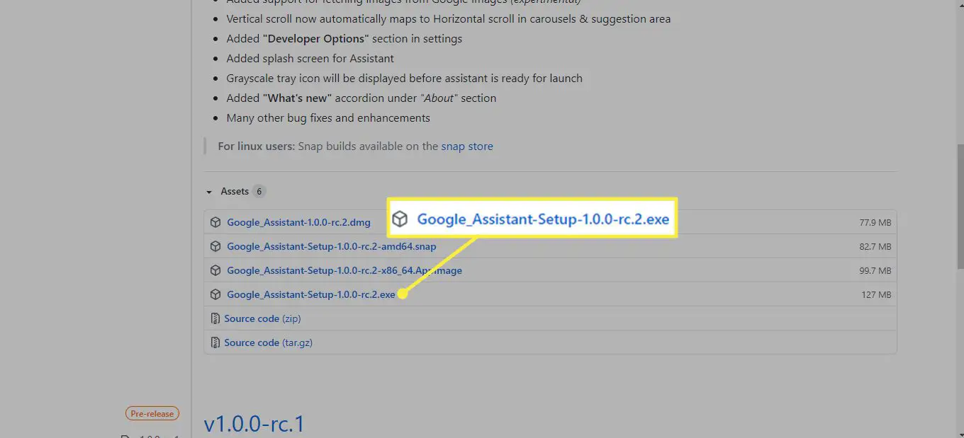 Google_Assistant-Setup-1.0.0-rc.2.exe-fil på den inofficiella nedladdningssidan för Google Assistant