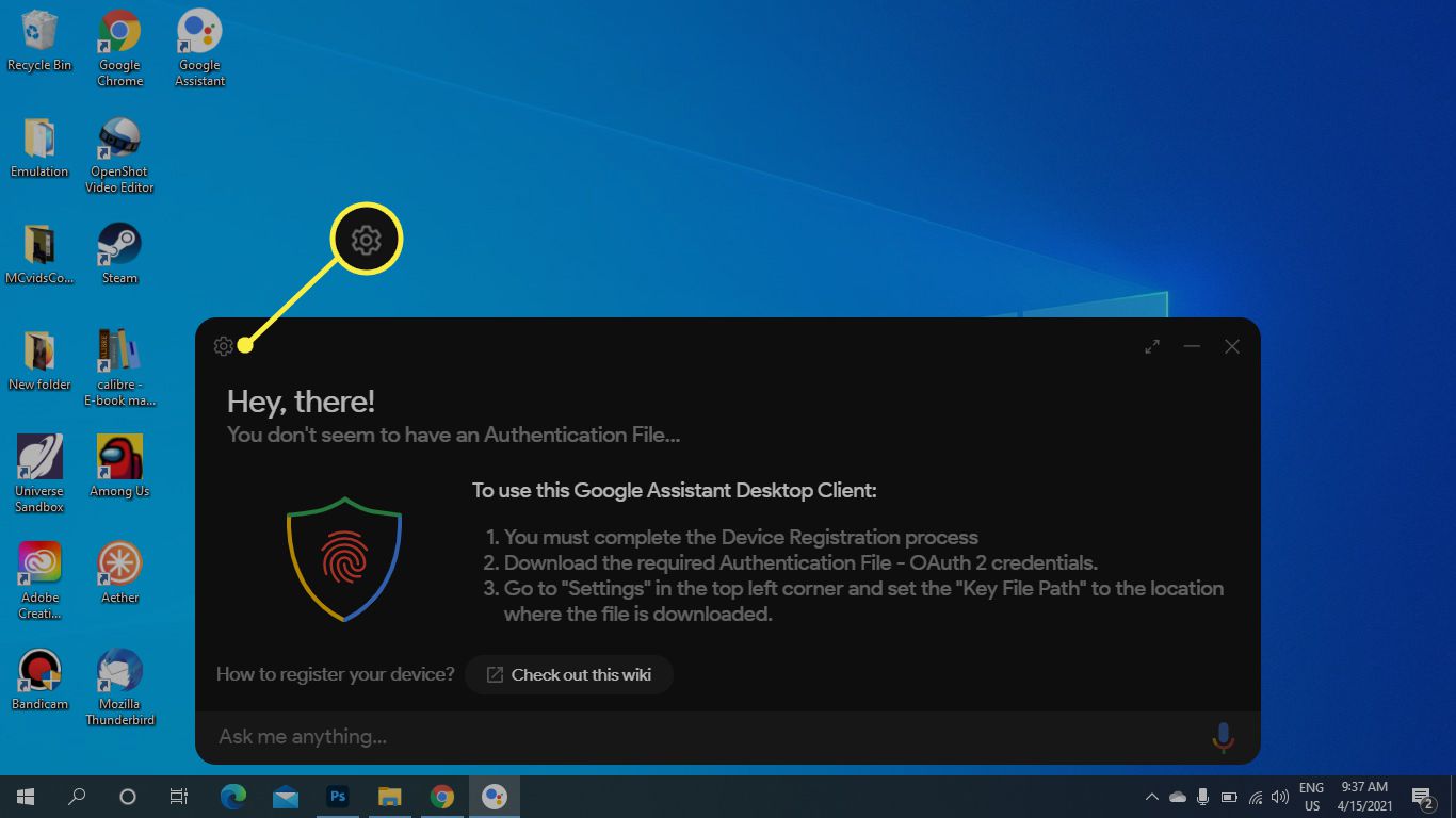 Inställningar Gear i Windows Google Assistant