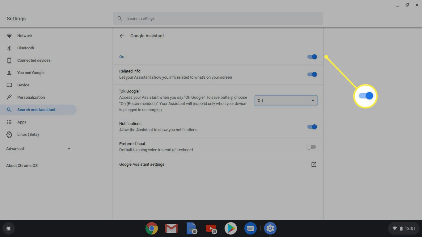 Inställningar för Google Assistant i Chromebook.