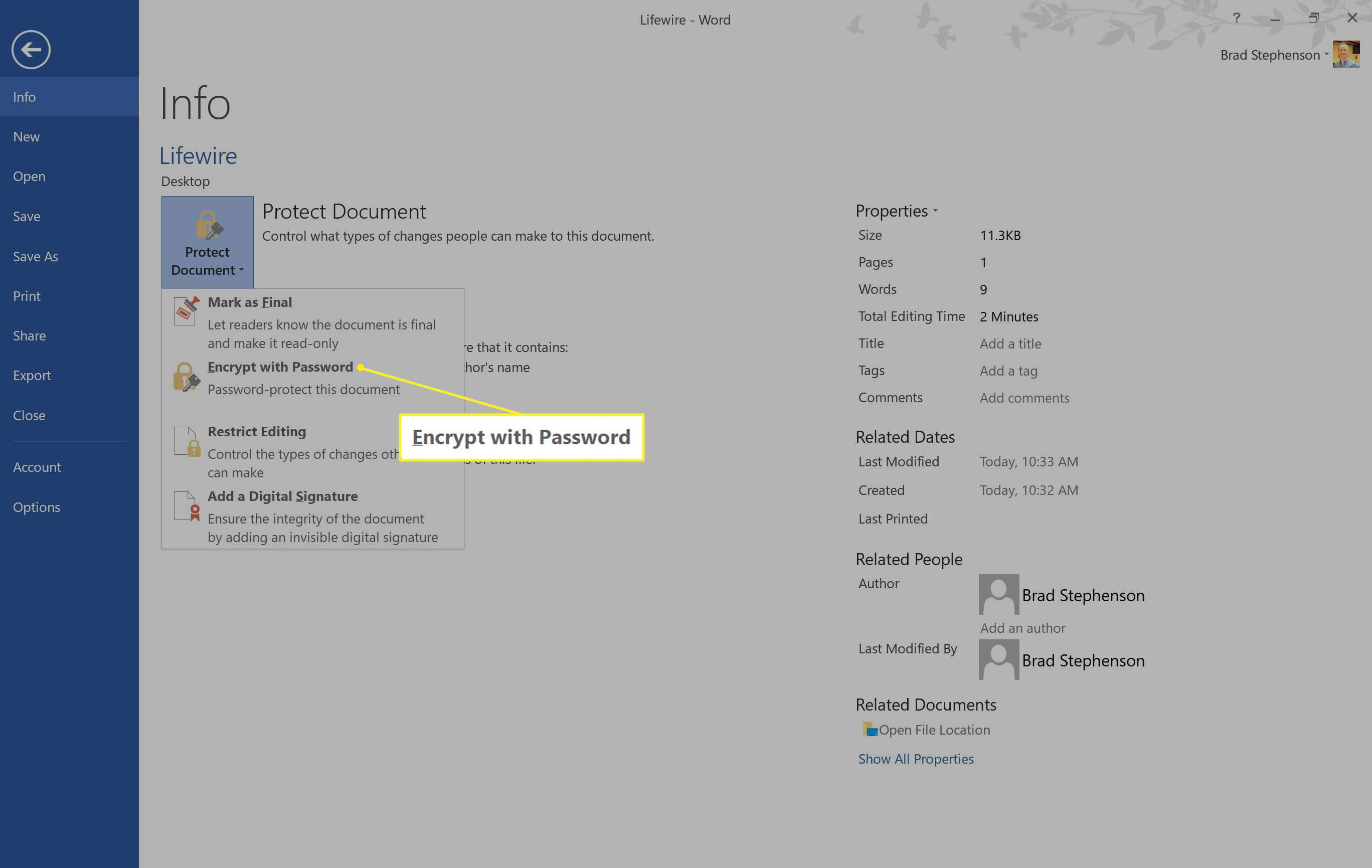 Windows Info-skärm med Kryptera med lösenord markerad