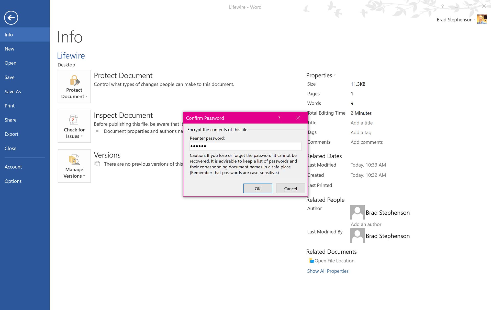 Lösenordsskydd av ett Microsoft Word-dokument i Windows 10.