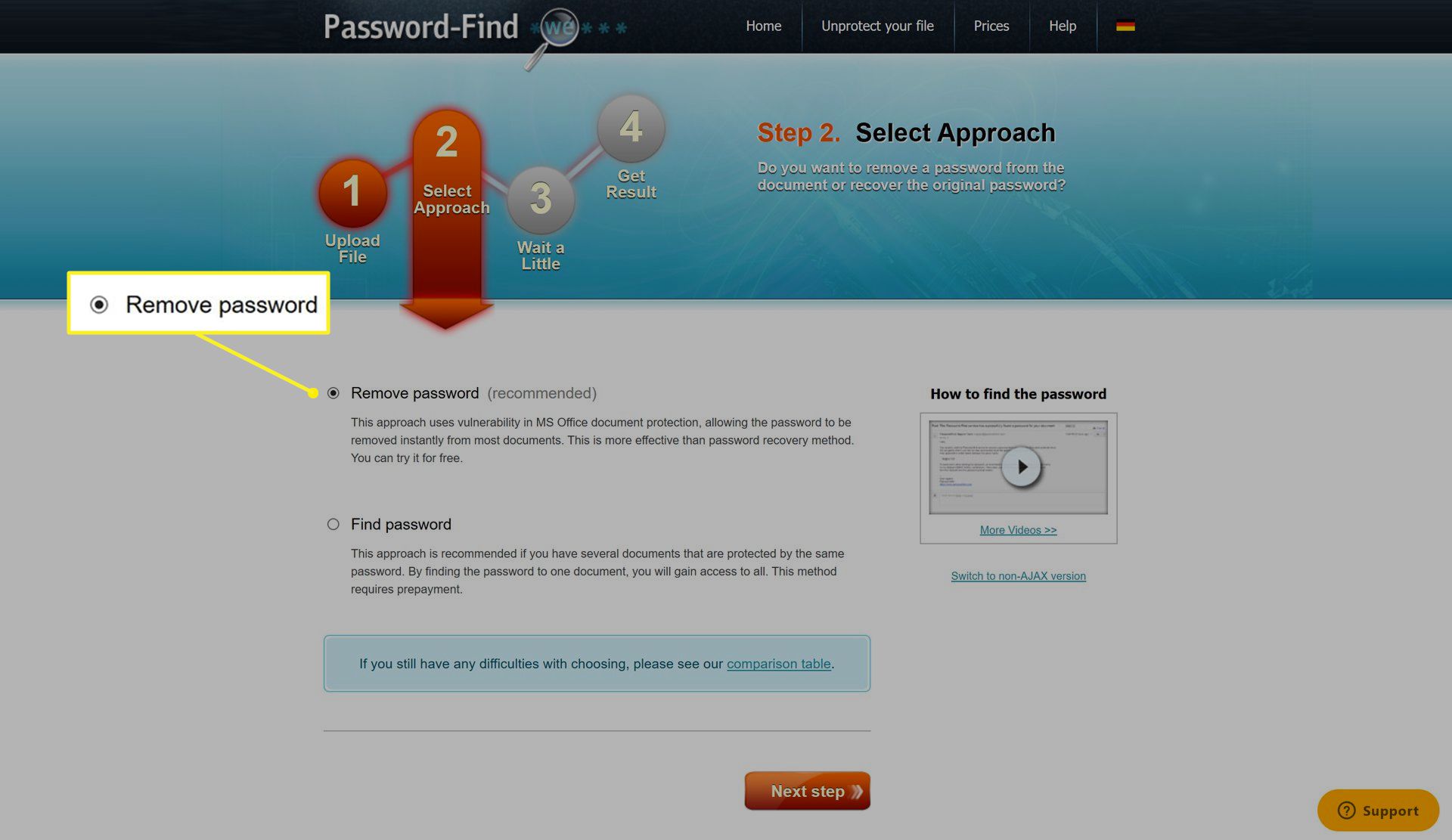 Lösenord-Hitta webbplats med Ta bort lösenord valt