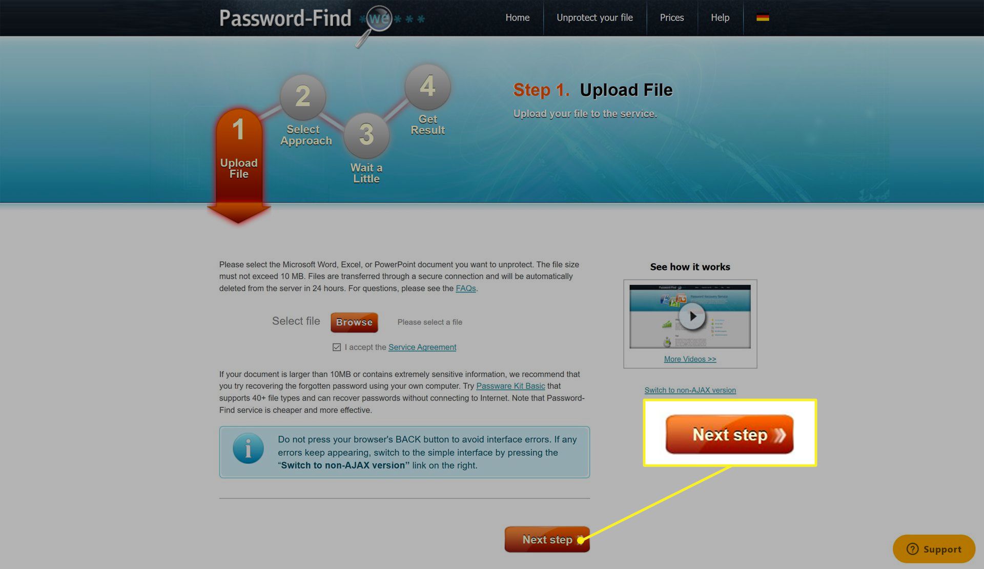 Lösenordssök webbplats med nästa steg markerat