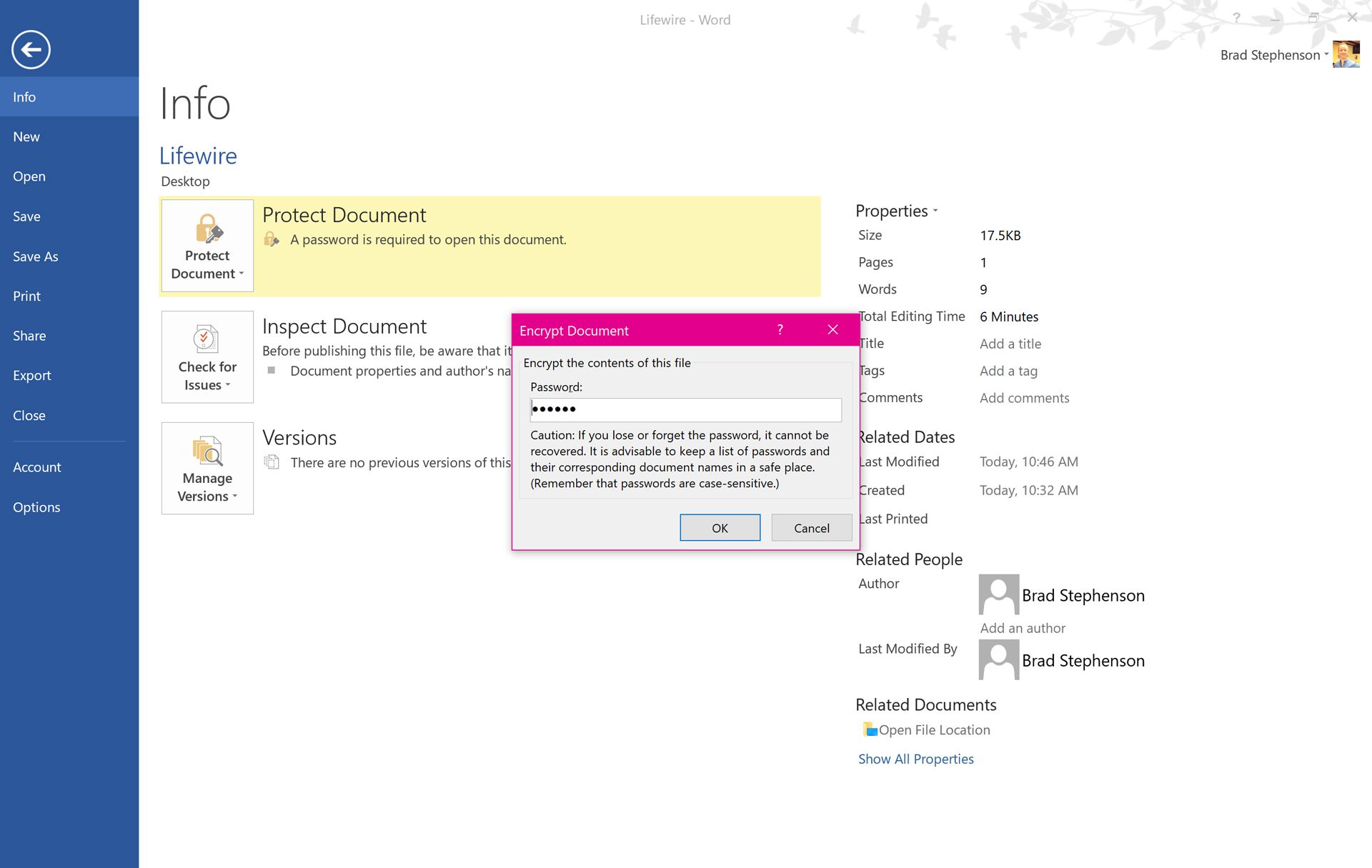 Ändra ett lösenord i en skyddad Microsoft Word-dokumentfil i Windows 10.