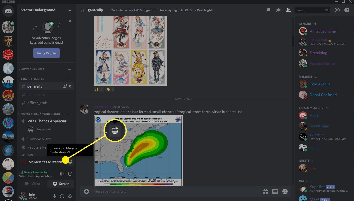 En skärmdump av en Discord-användare i en röstkanal.