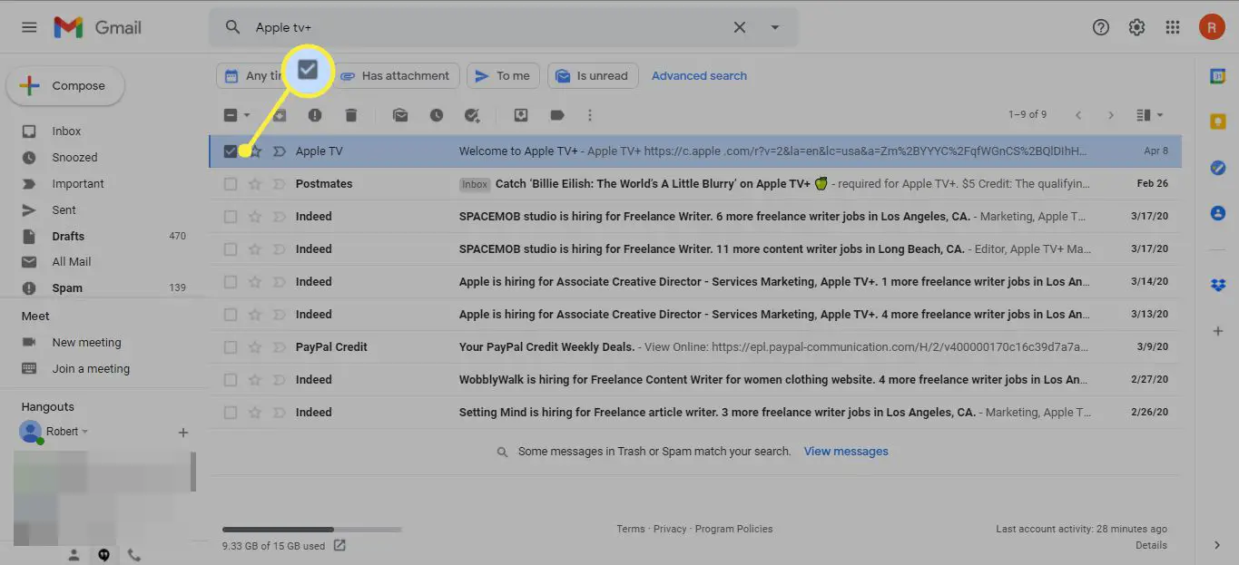 Kryssrutor framför e-postmeddelanden för att återgå till inkorgen i Gmail