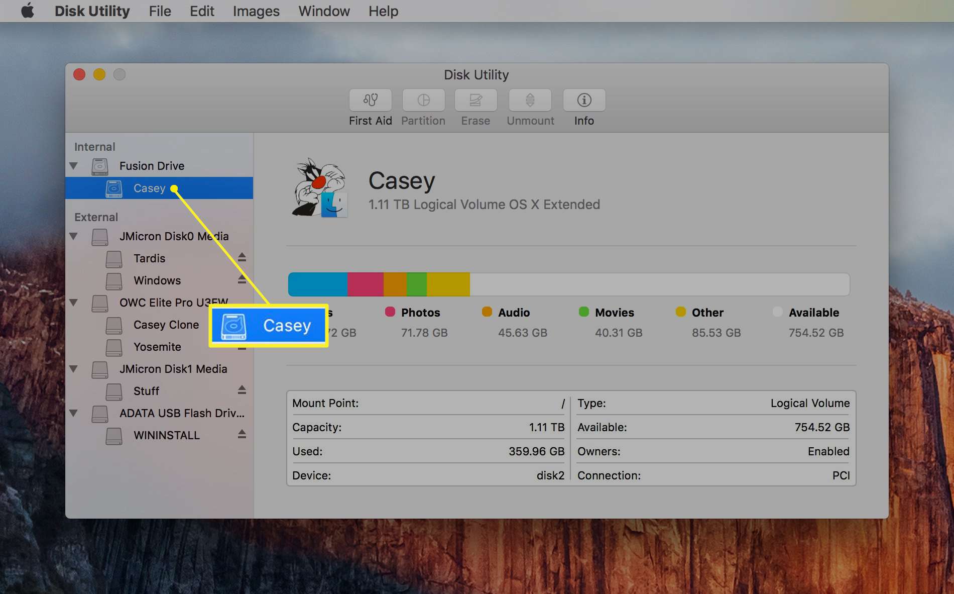 Diskverktyg OS X El Capitan med vald hårddisk