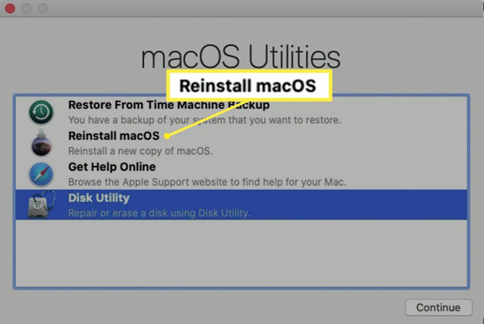 Installera om macOS-alternativet i macOS Recovery macOS Utilities-fönstret