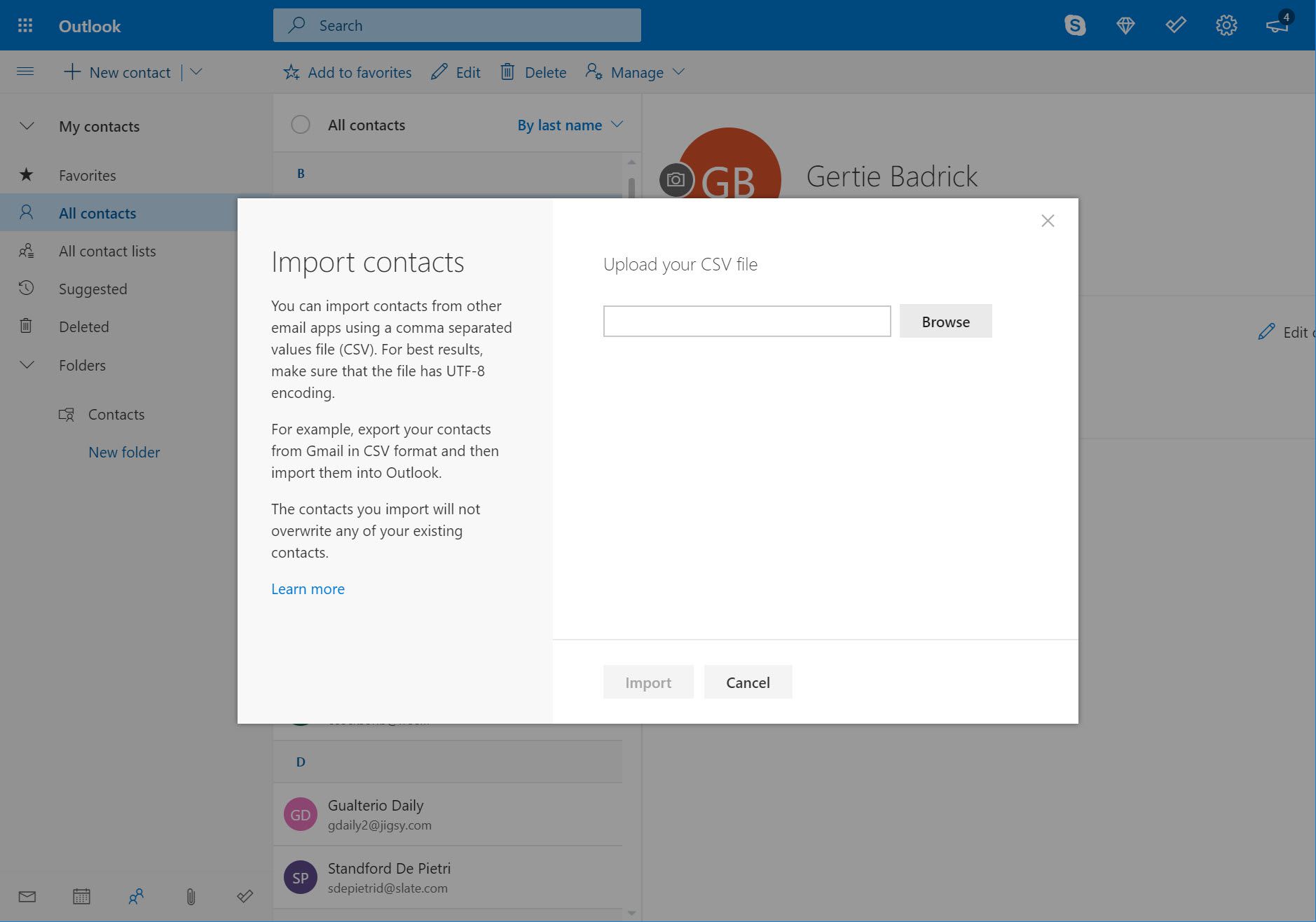 Ladda upp din CSV-filskärm i Outlook.com