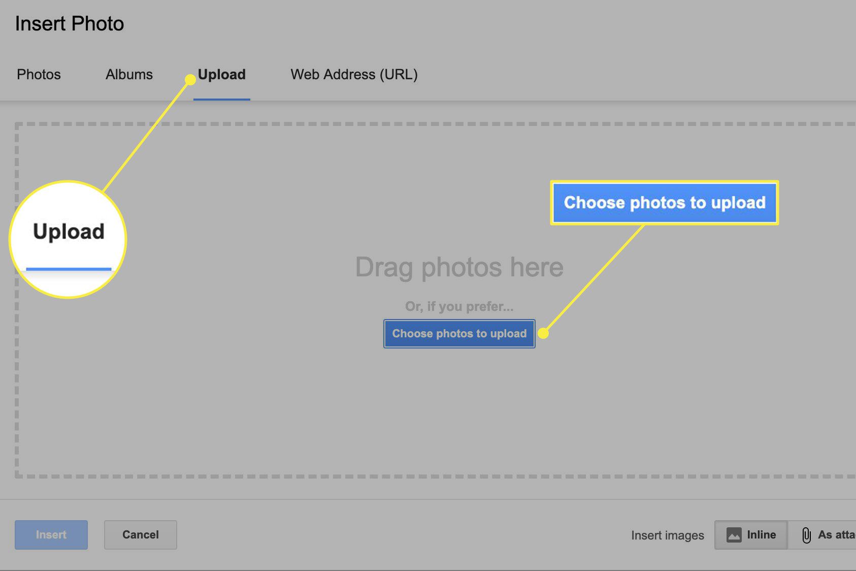 En skärmdump av fönstret Infoga foto i Gmail med fliken Ladda upp och knappen "Välj foton" markerad