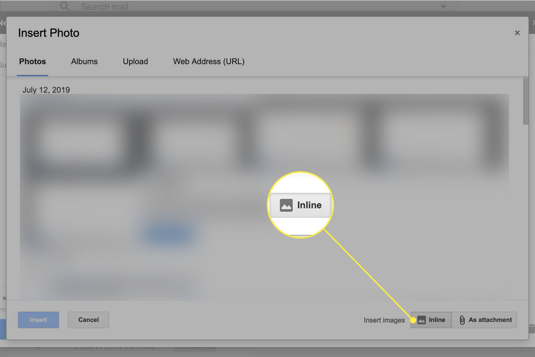 En skärmdump av fönstret Infoga foto i Gmail med Inline-knappen markerad