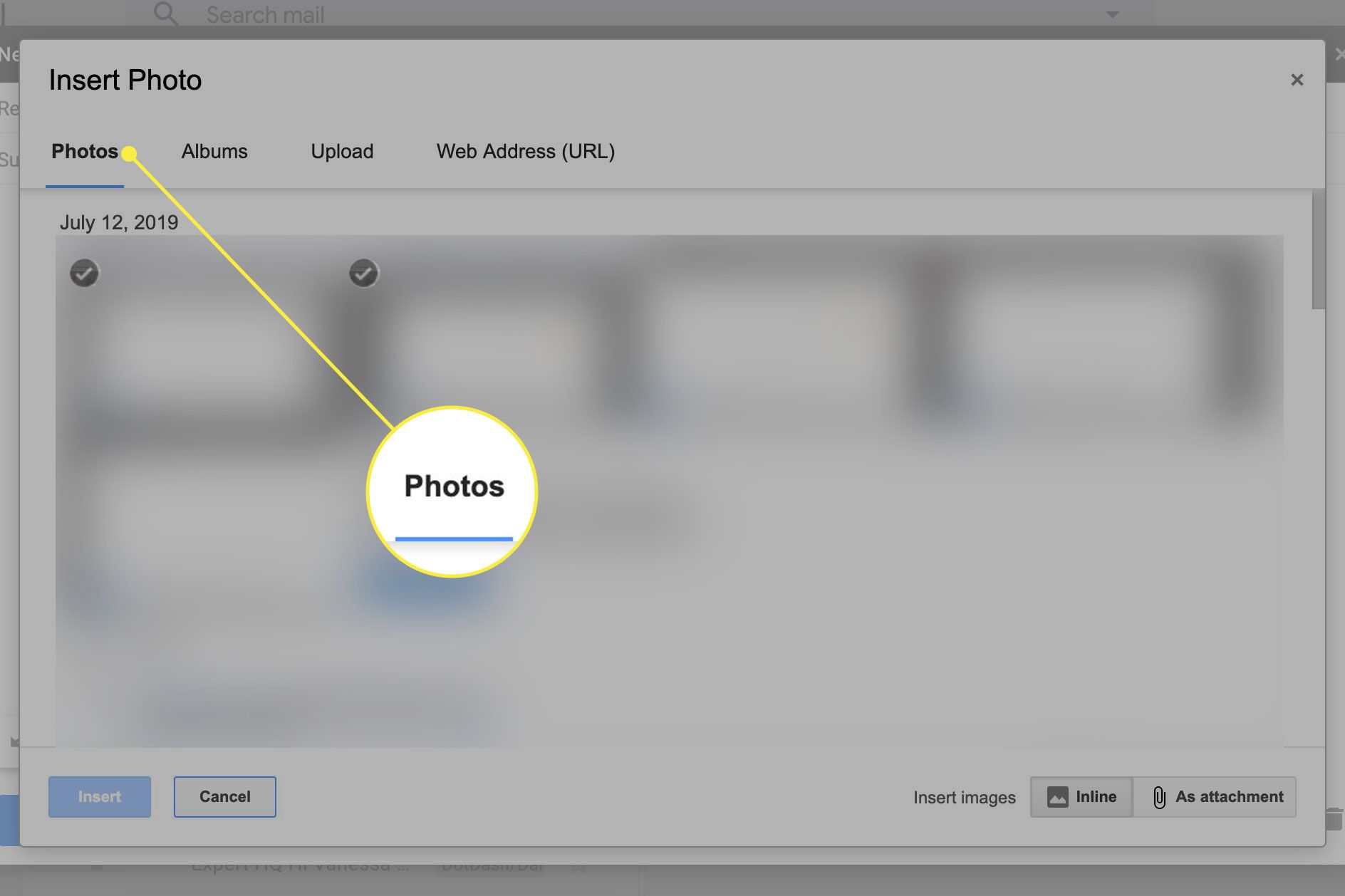 En skärmdump av skärmen Infoga foto i Gmail med fliken Foton markerad