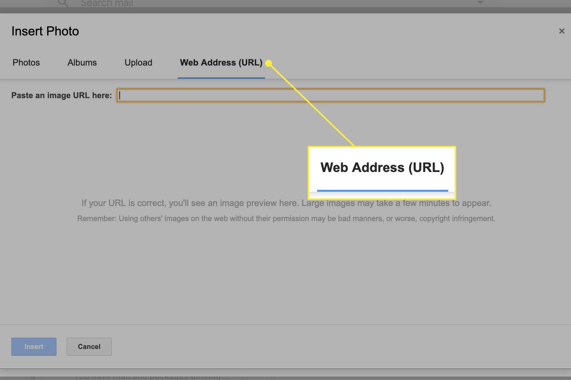 En skärmdump av skärmen Infoga foto i Gmail med fliken Webbadress markerad