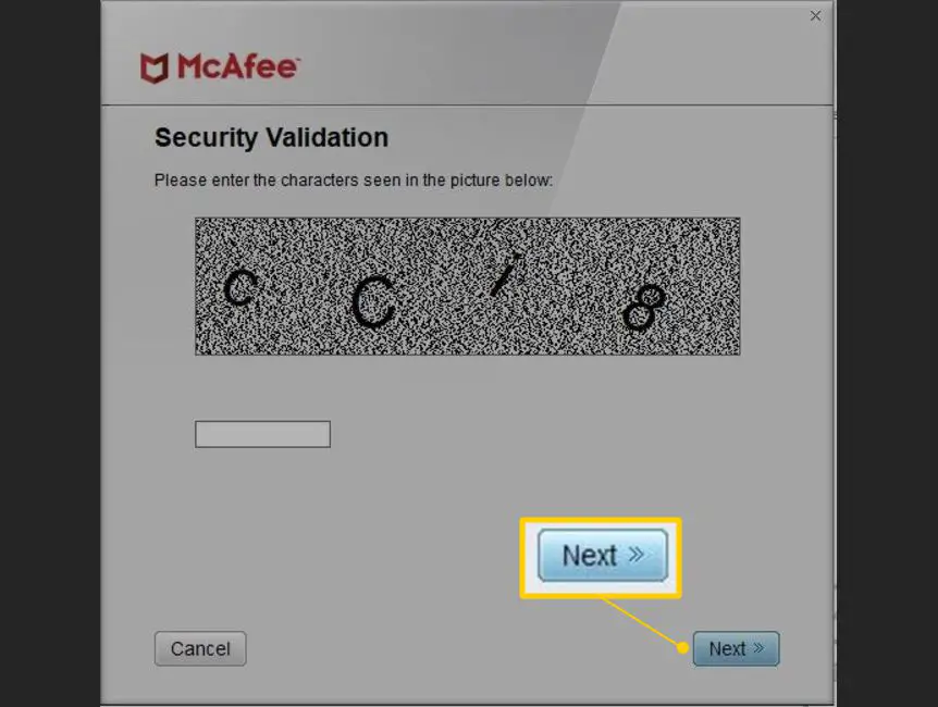 Nästa knapp på McAfee Security Validation-skärmen