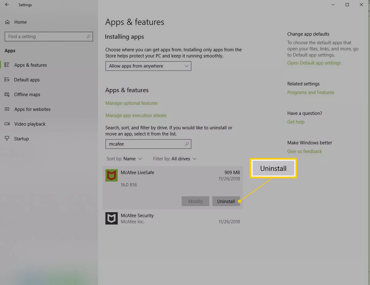 McAfee Avinstallera-knapp i Windows 10