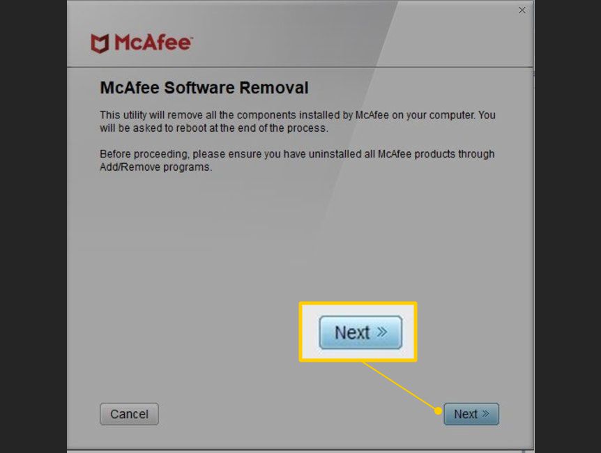 Nästa knapp i fönstret McAfee Software Removal