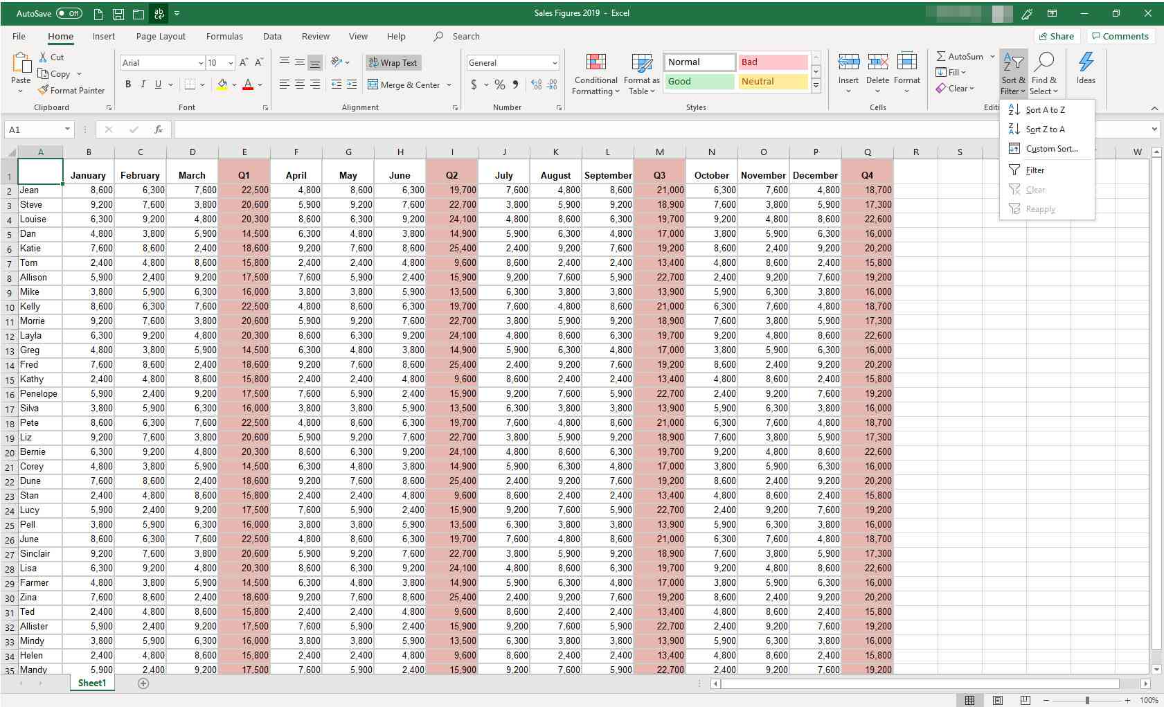 MS Excel-kalkylblad med menyn Sortera och filtrera visas