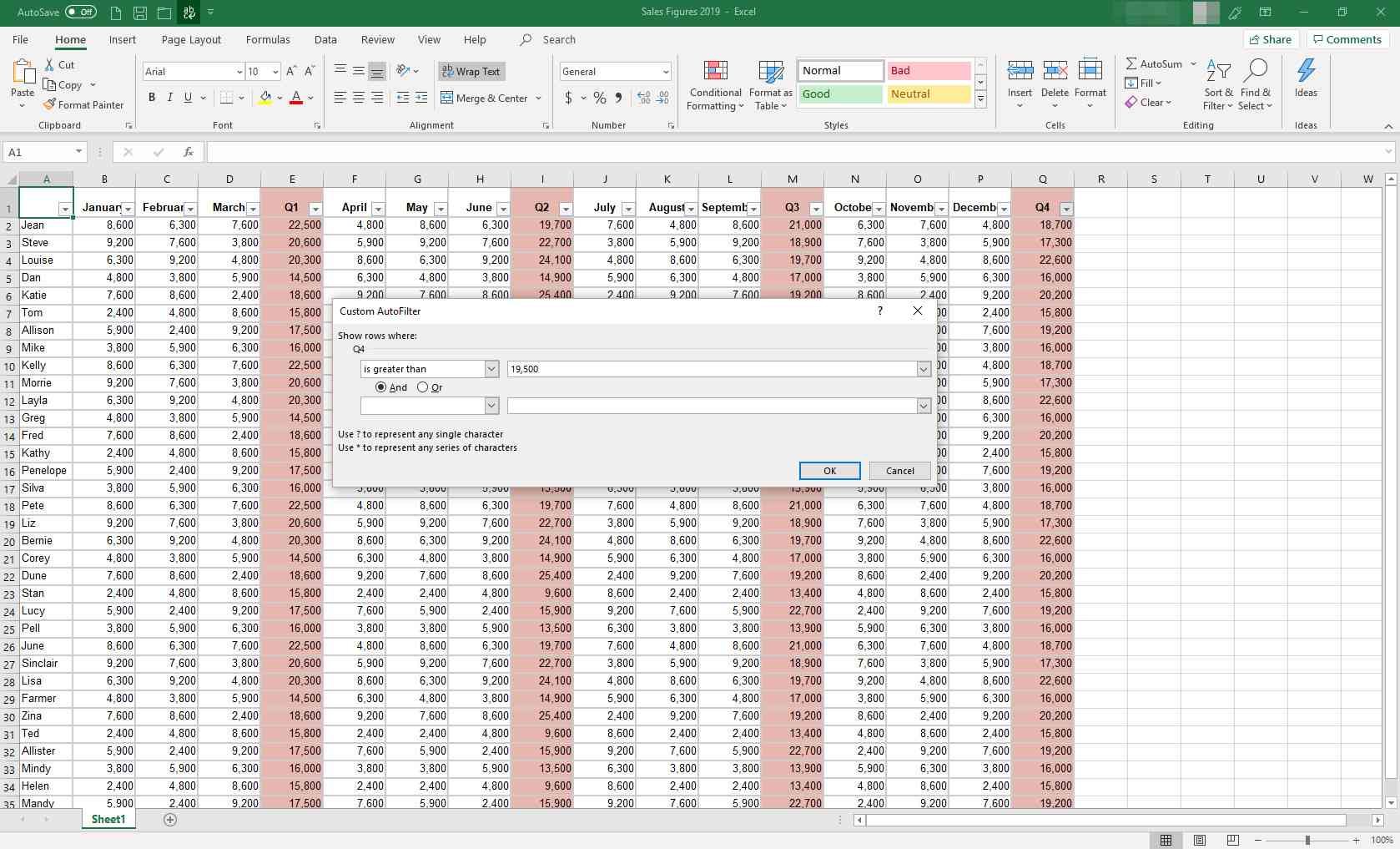 MS Excel med dialogrutan Anpassad autofilter visas