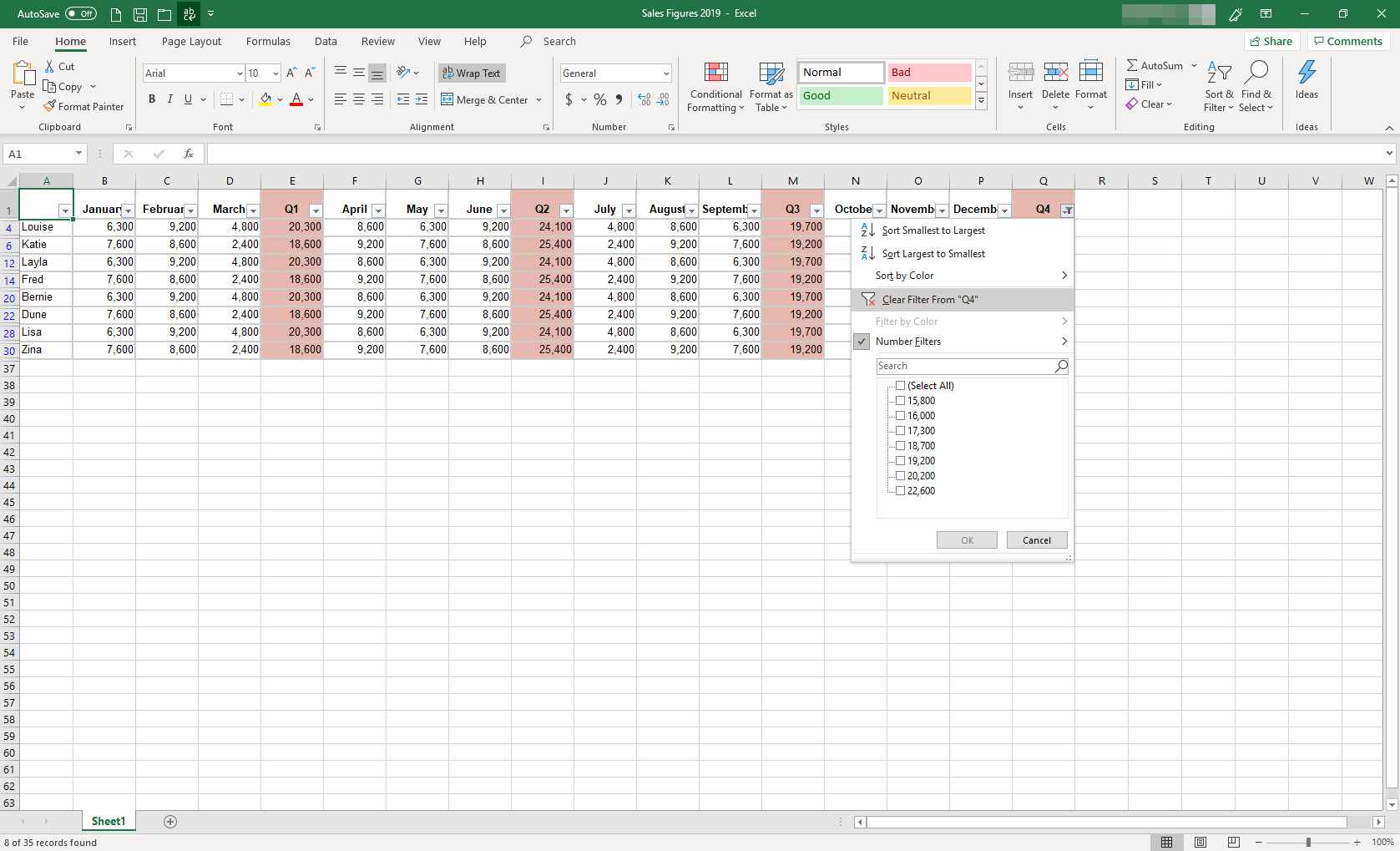 MS Excel med filterdialogruta visas