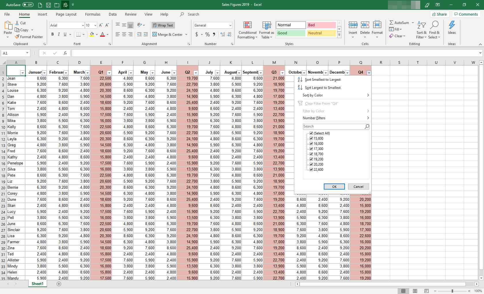 MS Excel med filtreringsdialogruta visas